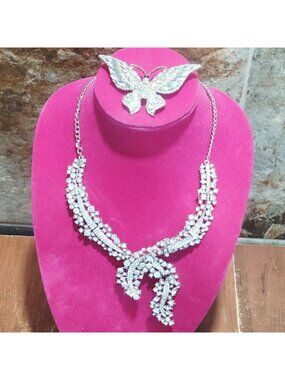 Silver Tone Rhinestone Bib Necklace Butterfly Brooch Hair Clip Bridal Jewelry Se